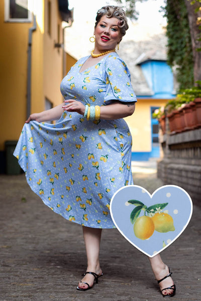 EU STOCK Janice Light Blue Dress with Lemons  and White Polka Dots