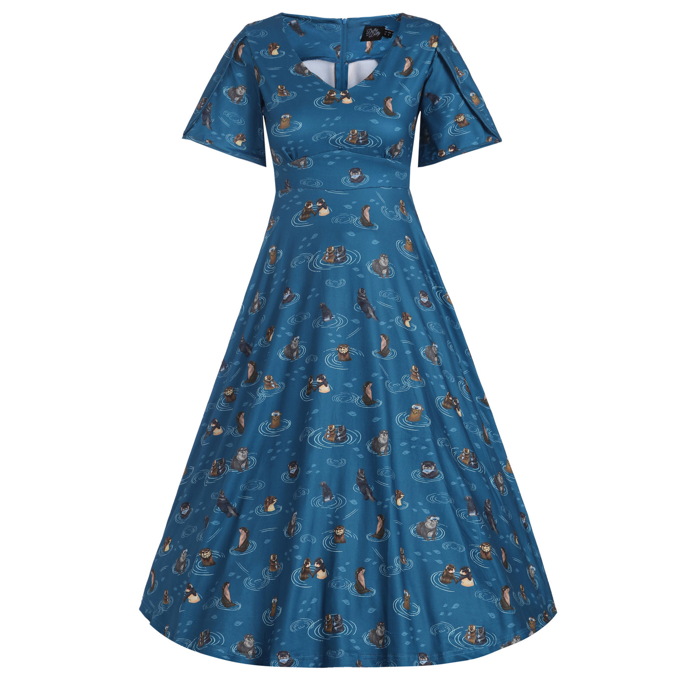 Janice Teal Blue Petal Sleeved Flared Dress in Otter Family Print