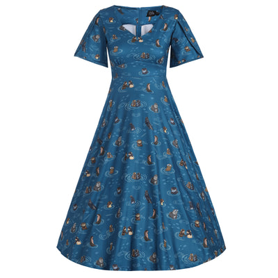 Janice Teal Blue Petal Sleeved Flared Dress in Otter Family Print