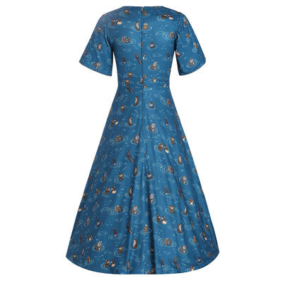 Janice Teal Blue Petal Sleeved Flared Dress in Otter Family Print