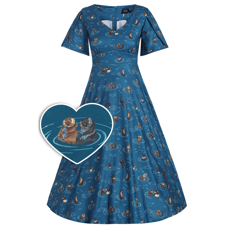 Janice Teal Blue Petal Sleeved Flared Dress in Otter Family Print