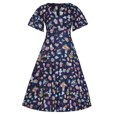Janice Navy Blue with Wonderland Print Swing Dress