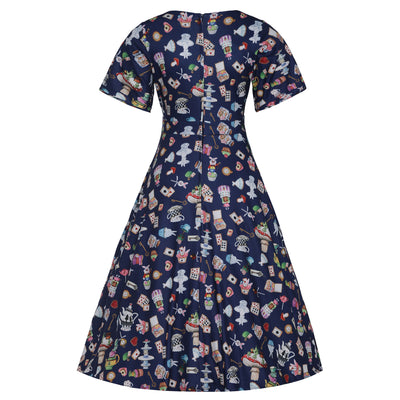 Janice Navy Blue with Wonderland Print Swing Dress