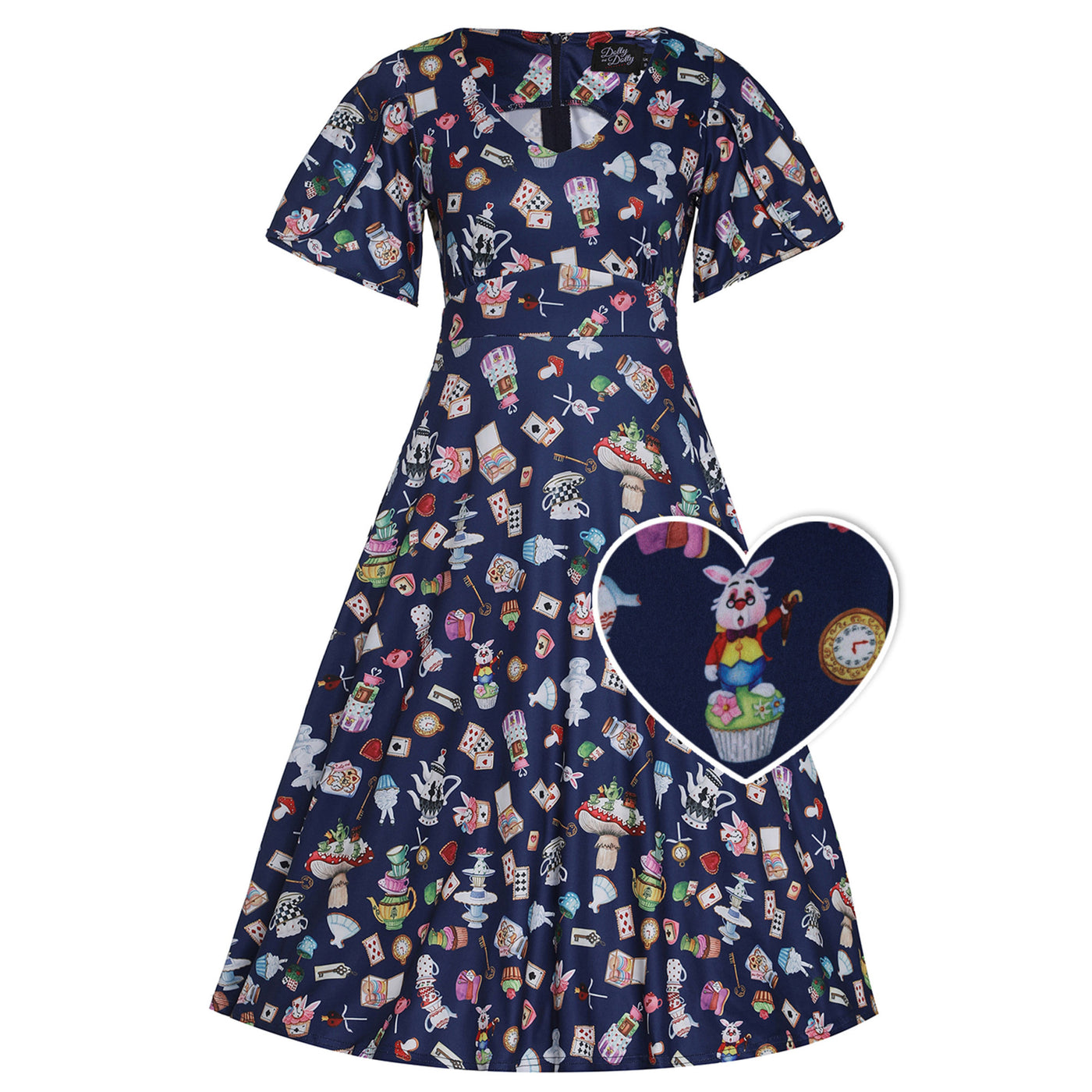 Janice Navy Blue with Wonderland Print Swing Dress