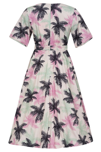 Janice Tropical Palm Tree Print in White Dress