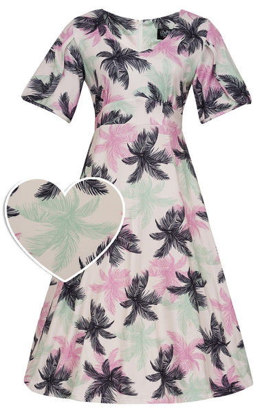 Janice Tropical Palm Tree Print in White Dress