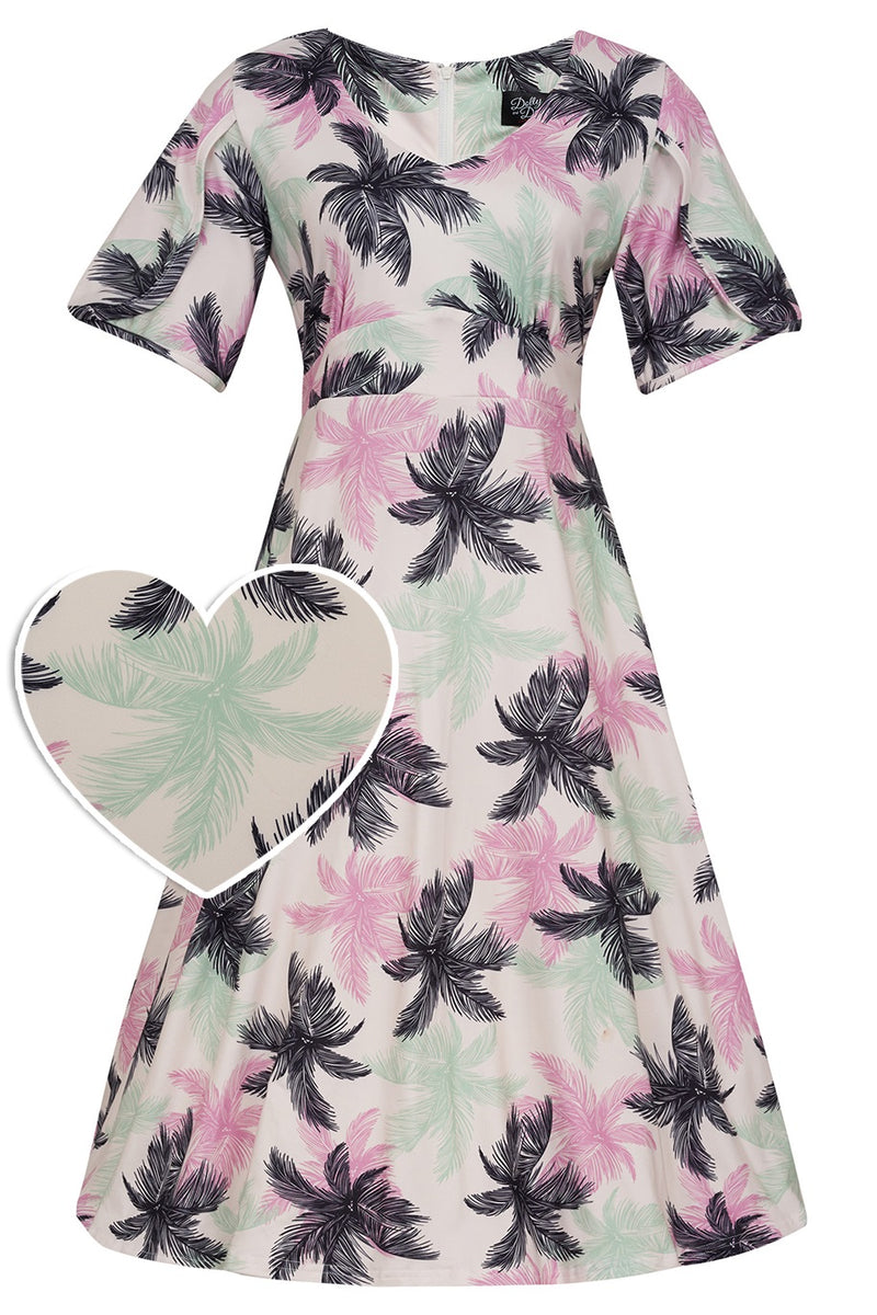 Janice Tropical Palm Tree Print in White Dress