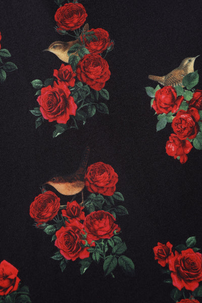 PRE ORDER Brenda Black in Rose & Bird Print Short-Sleeved Adorned Dress