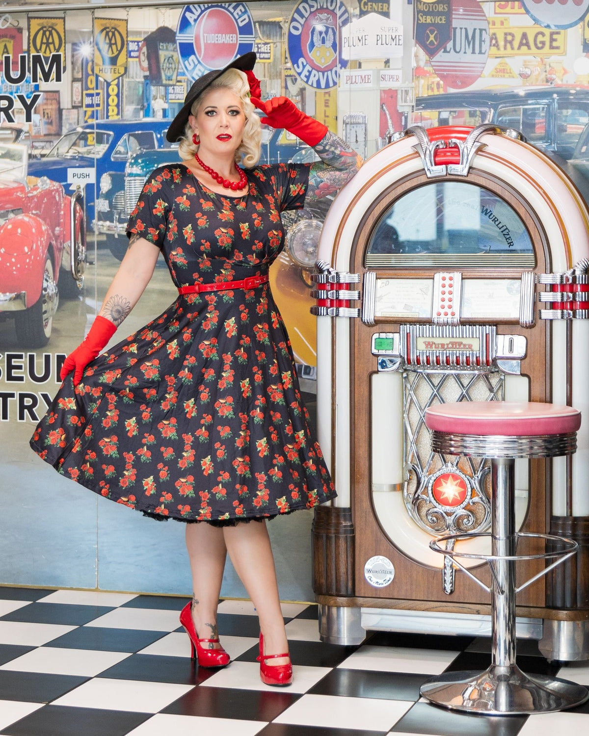 PRE ORDER Brenda Black in Rose & Bird Print Short-Sleeved Adorned Dress