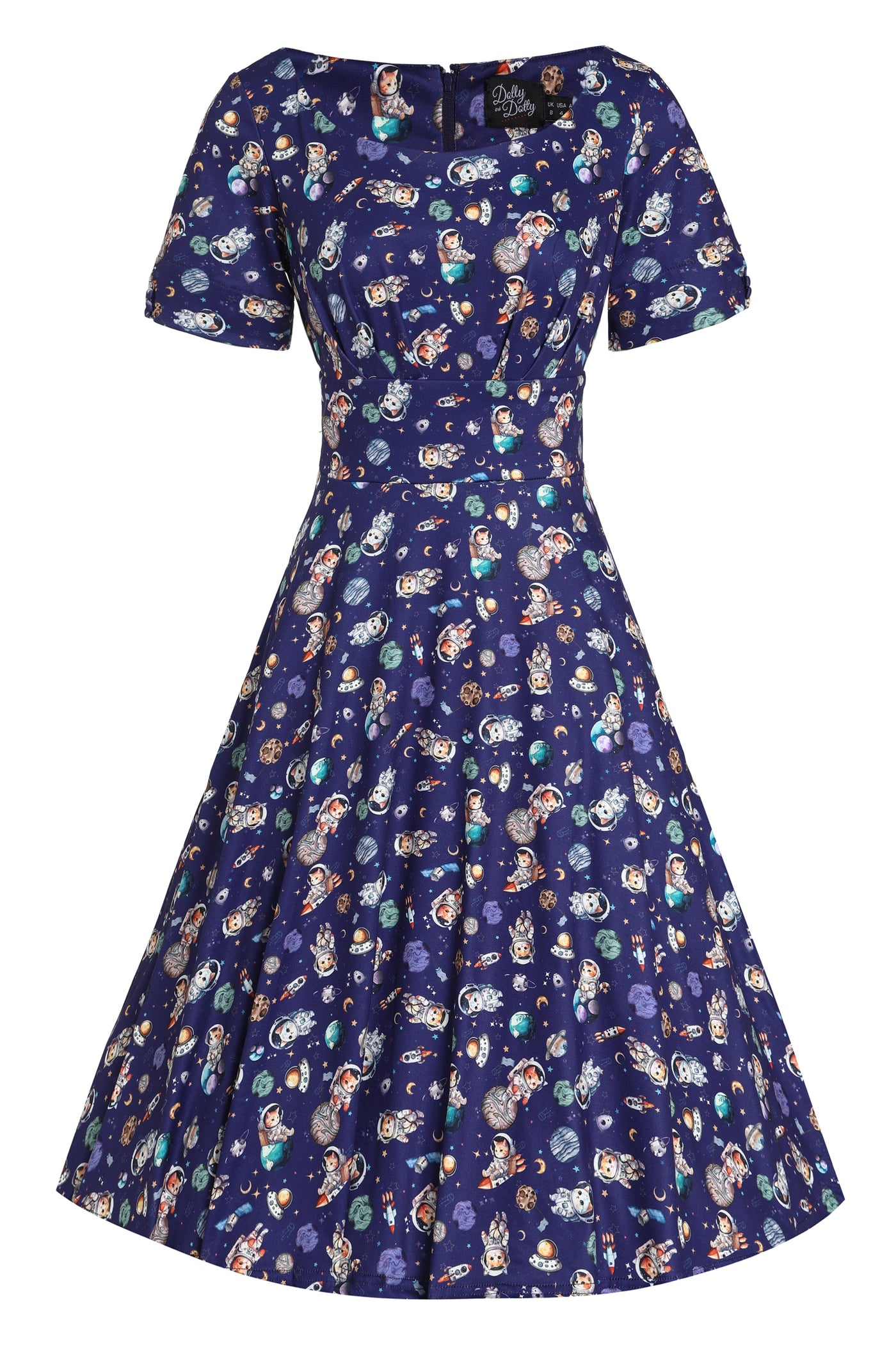 PRE ORDER Brenda Purple Astronaut Cat in Space Flared Dress