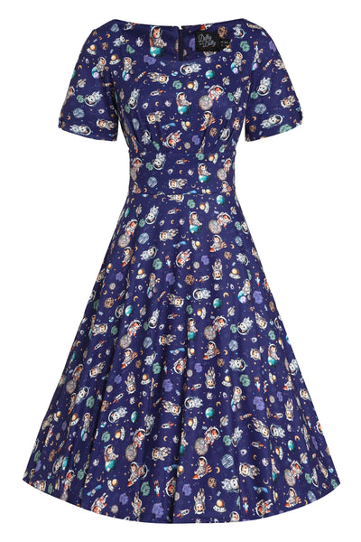 PRE ORDER Brenda Purple Astronaut Cat in Space Flared Dress