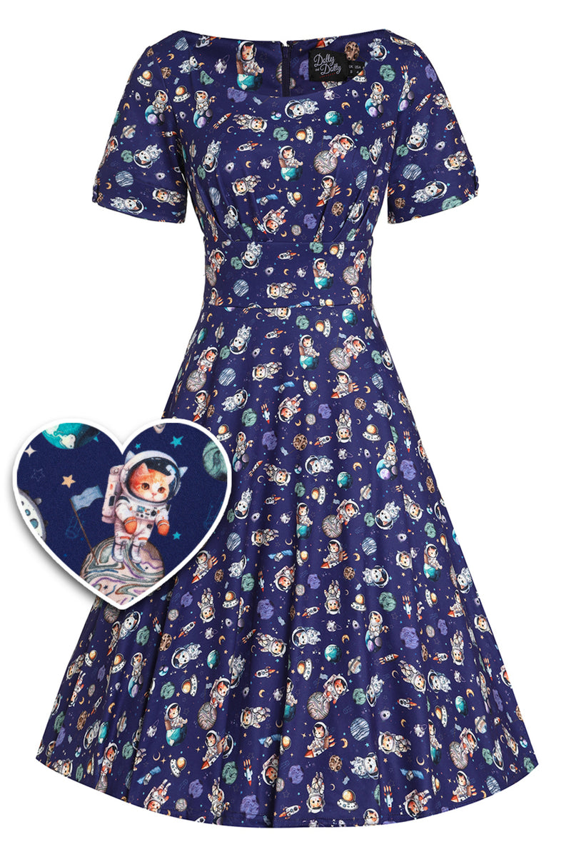PRE ORDER Brenda Purple Astronaut Cat in Space Flared Dress
