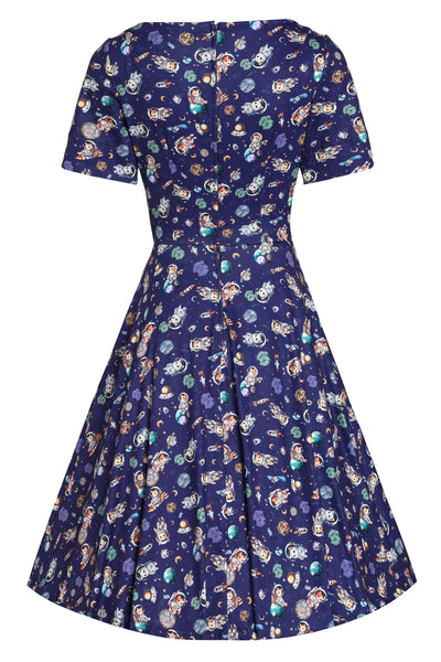 Brenda Purple Astronaut Cat in Space Flared Dress