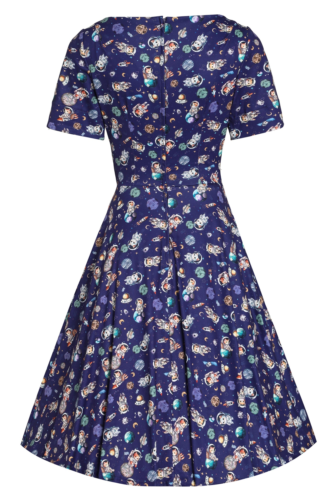 PRE ORDER Brenda Purple Astronaut Cat in Space Flared Dress