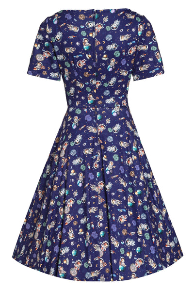 PRE ORDER Brenda Purple Astronaut Cat in Space Flared Dress