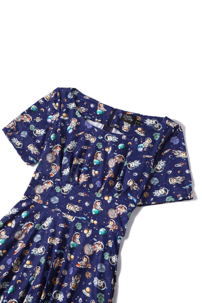 PRE ORDER Brenda Purple Astronaut Cat in Space Flared Dress