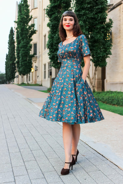 PRE ORDER Brenda Green Woodland & Fox Print Short-Sleeved Adorned Dress