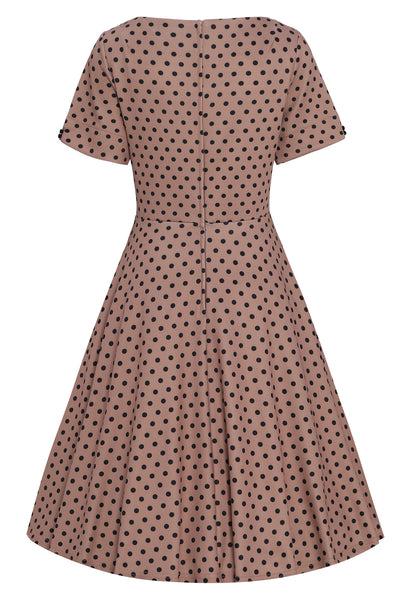 EU STOCK Brenda Brown and Black Polka Dot Short-Sleeved Adorned Dress