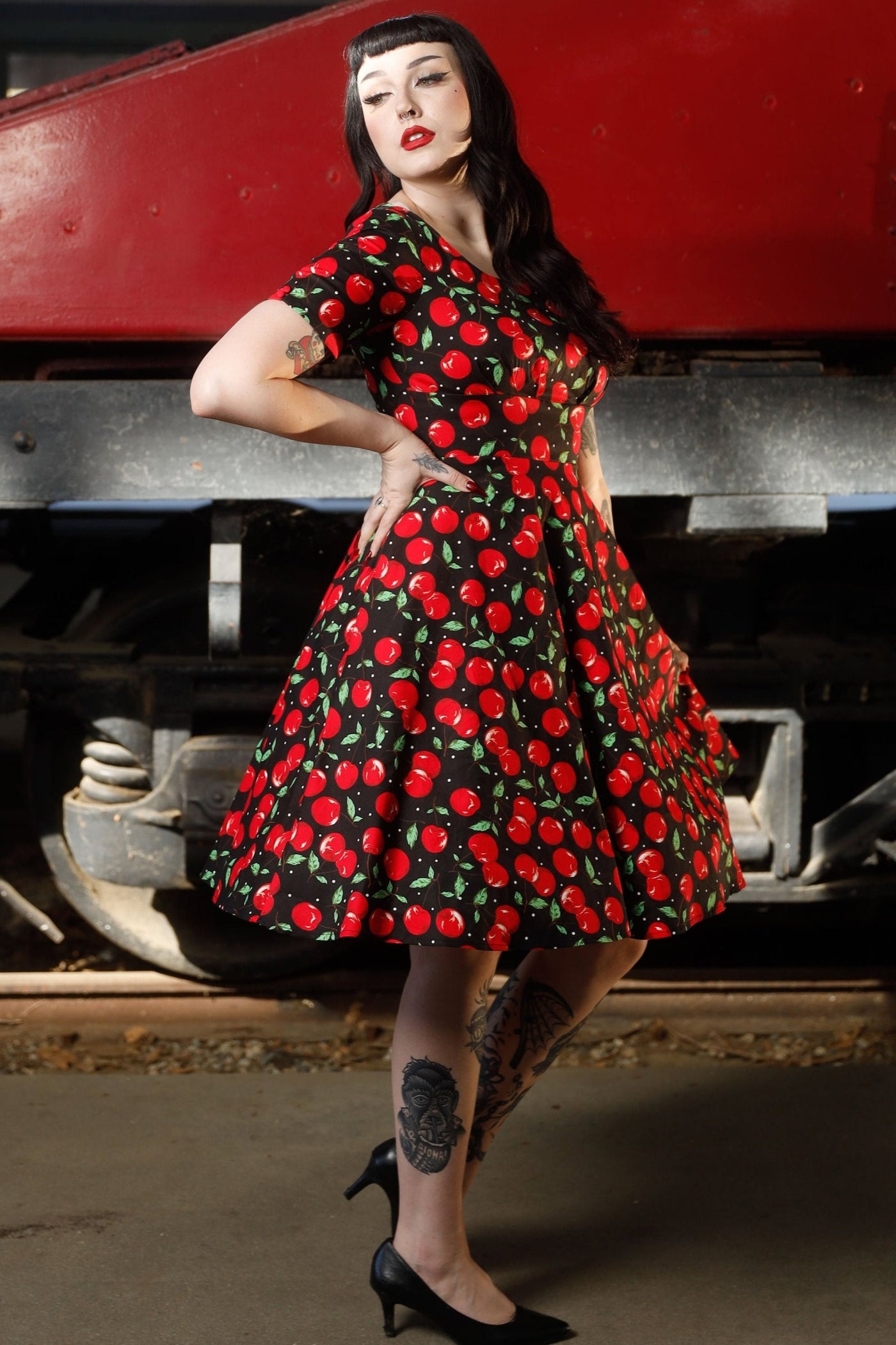 PRE ORDER Brenda Black Cherry Print Short-Sleeved Swing Dress