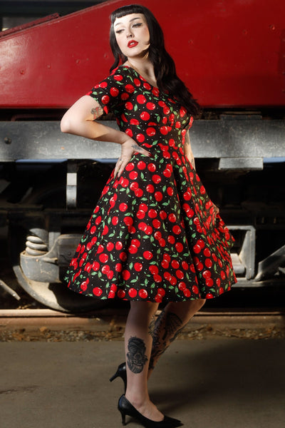 PRE ORDER Brenda Black Cherry Print Short-Sleeved Swing Dress