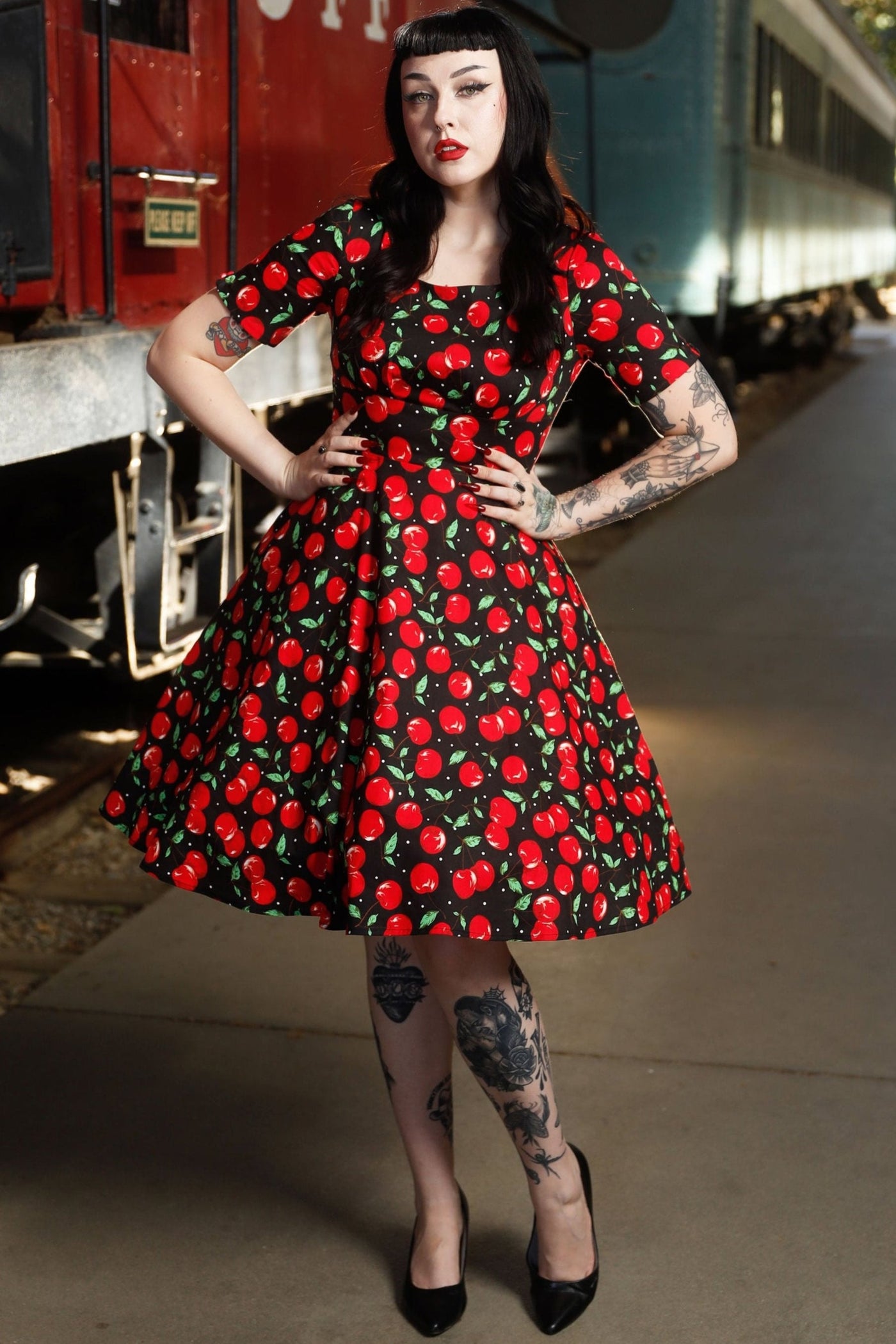 PRE ORDER Brenda Black Cherry Print Short-Sleeved Swing Dress