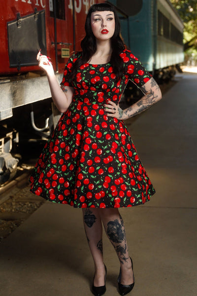 PRE ORDER Brenda Black Cherry Print Short-Sleeved Swing Dress