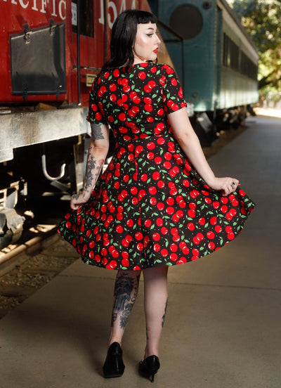 PRE ORDER Brenda Black Cherry Print Short-Sleeved Swing Dress