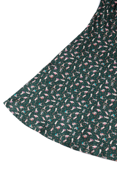 Brenda Dark Green Bunny Print Flared Dress