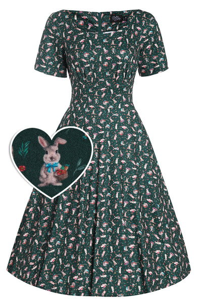 Brenda Dark Green Bunny Print Flared Dress