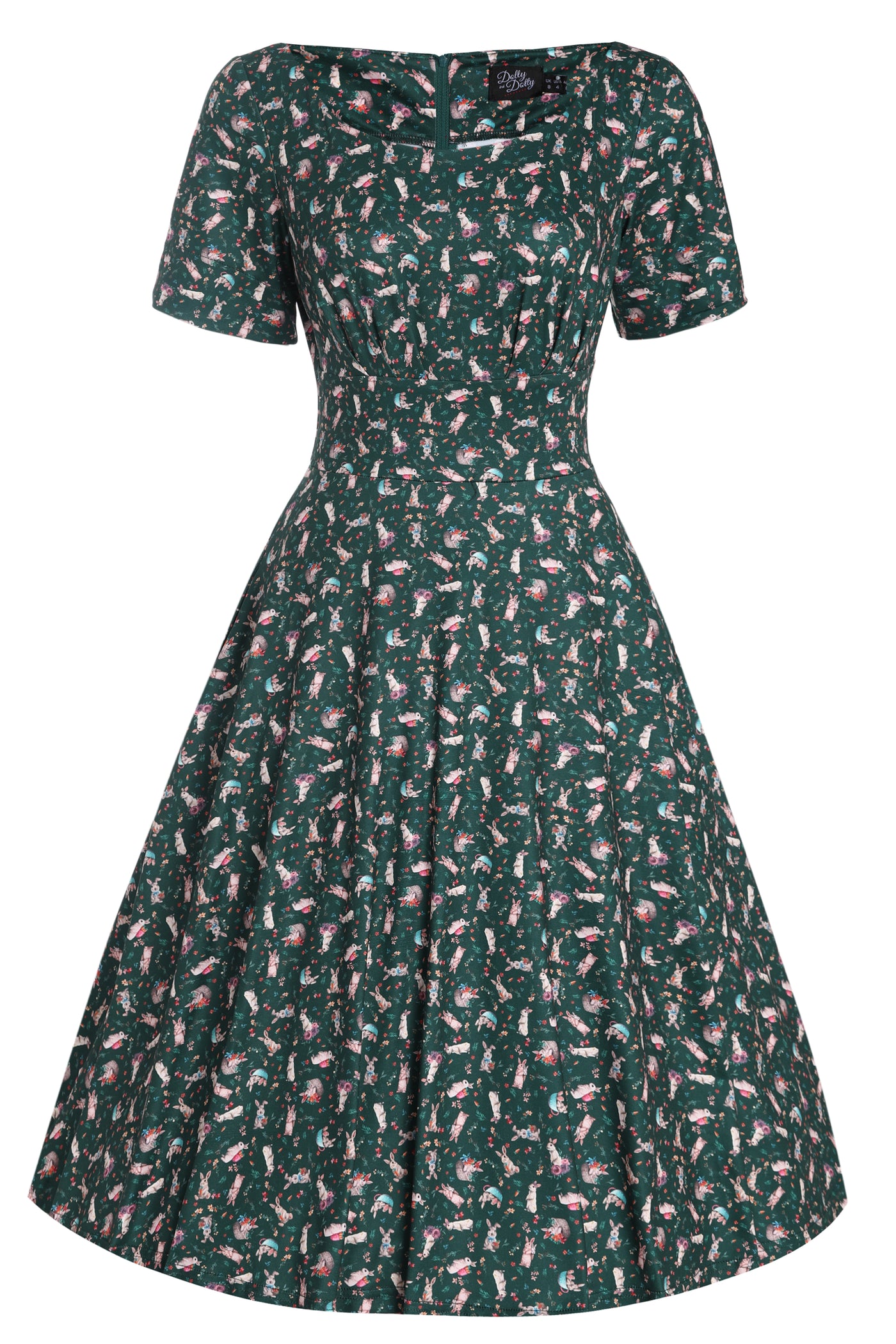Brenda Dark Green Bunny Print Flared Dress