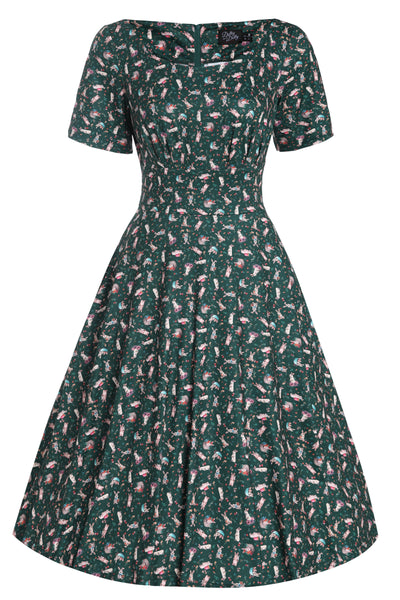 Brenda Dark Green Bunny Print Flared Dress