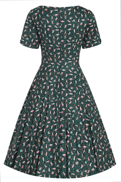 Brenda Dark Green Bunny Print Flared Dress