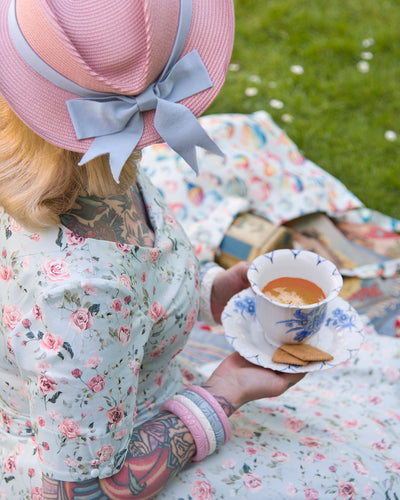 Brenda Pink Rose Flared Dress In Baby Blue