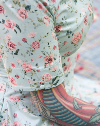 Brenda Pink Rose Flared Dress In Baby Blue