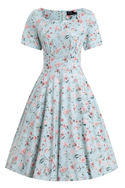 Brenda Pink Rose Flared Dress In Baby Blue