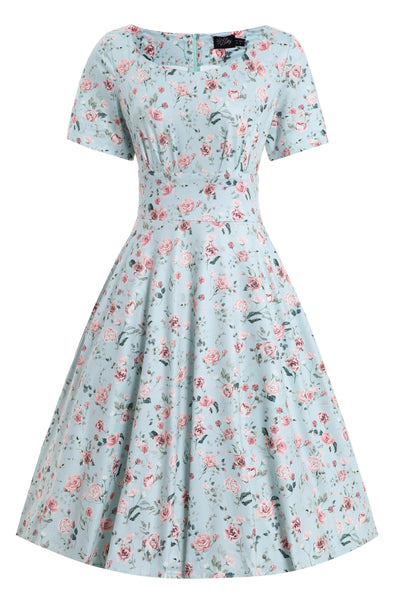 PRE ORDER Brenda Pink Rose Flared Dress In Baby Blue