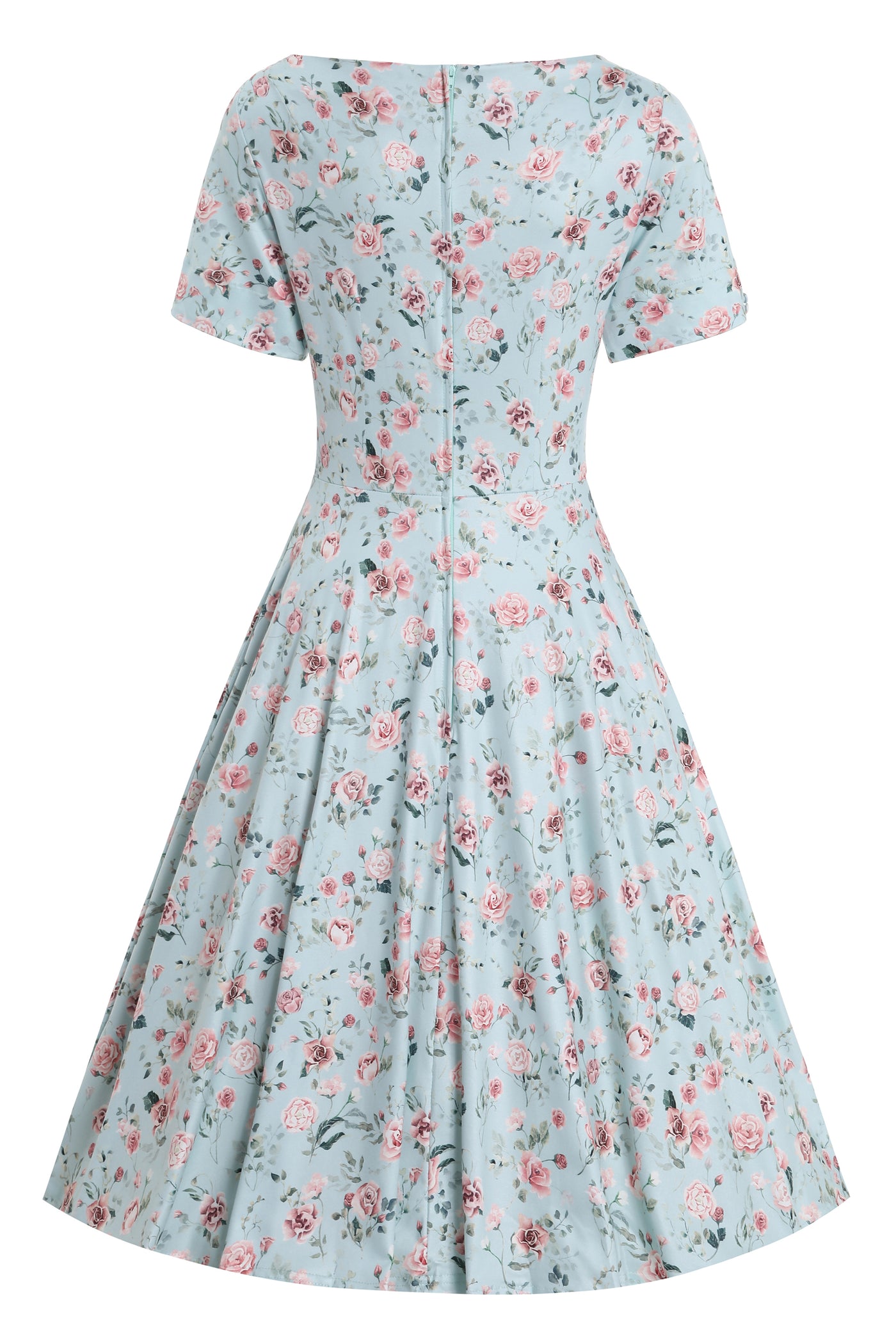 Brenda Pink Rose Flared Dress In Baby Blue