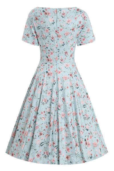 Brenda Pink Rose Flared Dress In Baby Blue