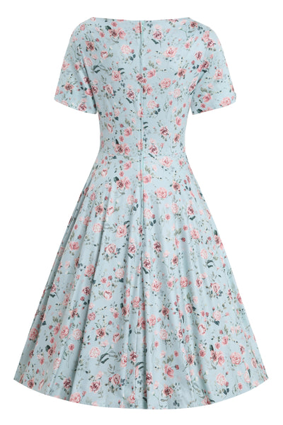 PRE ORDER Brenda Pink Rose Flared Dress In Baby Blue