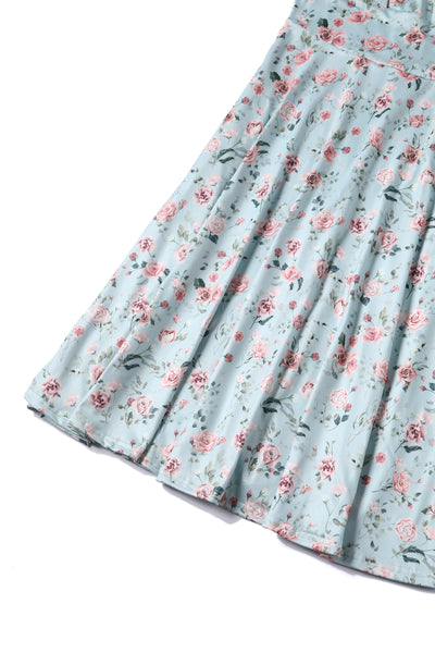 Brenda Pink Rose Flared Dress In Baby Blue