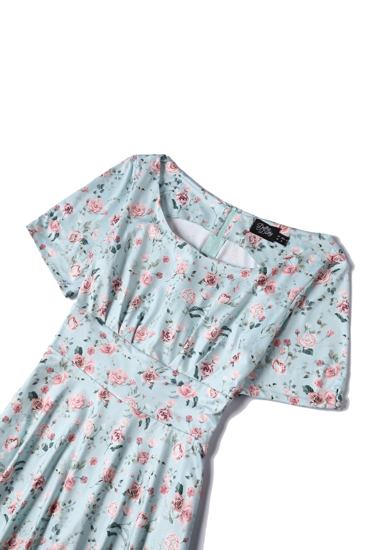 Brenda Pink Rose Flared Dress In Baby Blue