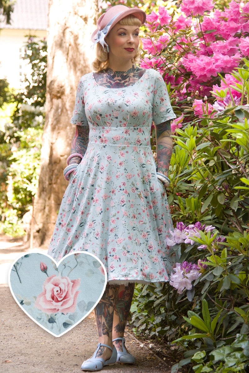 Brenda Pink Rose Flared Dress In Baby Blue