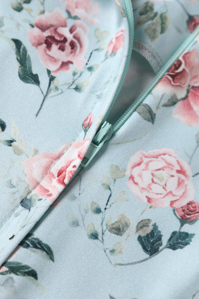 Brenda Pink Rose Flared Dress In Baby Blue