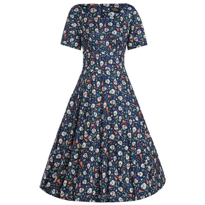 Brenda Navy Blue Mexican Skull Short-Sleeved Adorned Dress