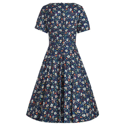 Brenda Navy Blue Mexican Skull Short-Sleeved Adorned Dress