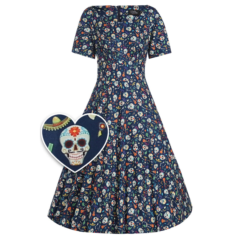 Brenda Navy Blue Mexican Skull Short-Sleeved Adorned Dress