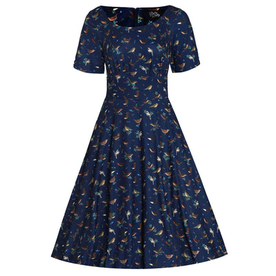 PRE ORDER Brenda Navy Blue with Bird Print Short-Sleeved Adorned Dress