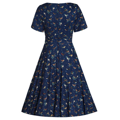 PRE ORDER Brenda Navy Blue with Bird Print Short-Sleeved Adorned Dress