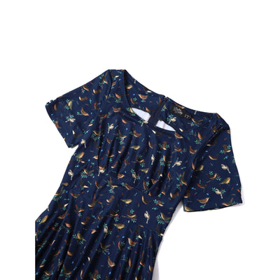 PRE ORDER Brenda Navy Blue with Bird Print Short-Sleeved Adorned Dress
