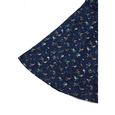 PRE ORDER Brenda Navy Blue with Bird Print Short-Sleeved Adorned Dress